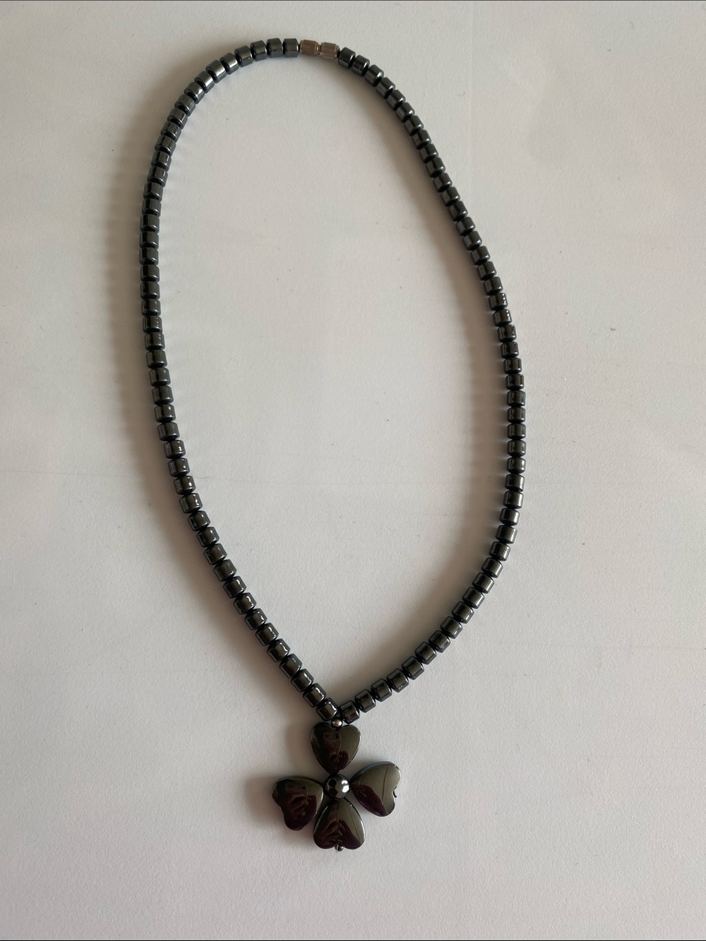 Hematite Beaded Necklace with Clover Pendant - Gray